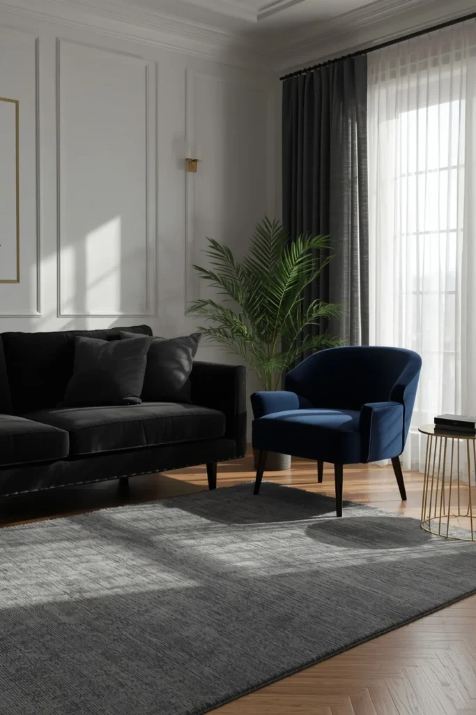23 Black Sofa Living Room Ideas That Look Sleek, Bold & Super Expensive 11 living room, featuring a black sofa beside a navy accent chair,