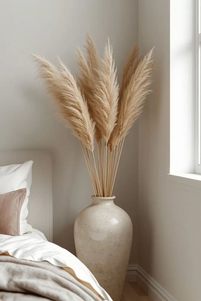 25 Boho Farmhouse Bedroom Ideas That Are Effortlessly Cozy & Beautiful 11 bedroom corner shot, featuring tall pampas grass