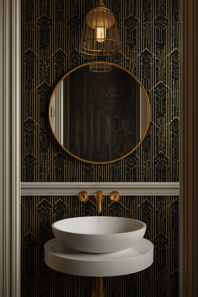 22 Bold Bathroom Wallpaper Ideas That Make Every Guest Say Wow 11 powder room, featuring black gold and cream Art Deco geometric wallpaper,
