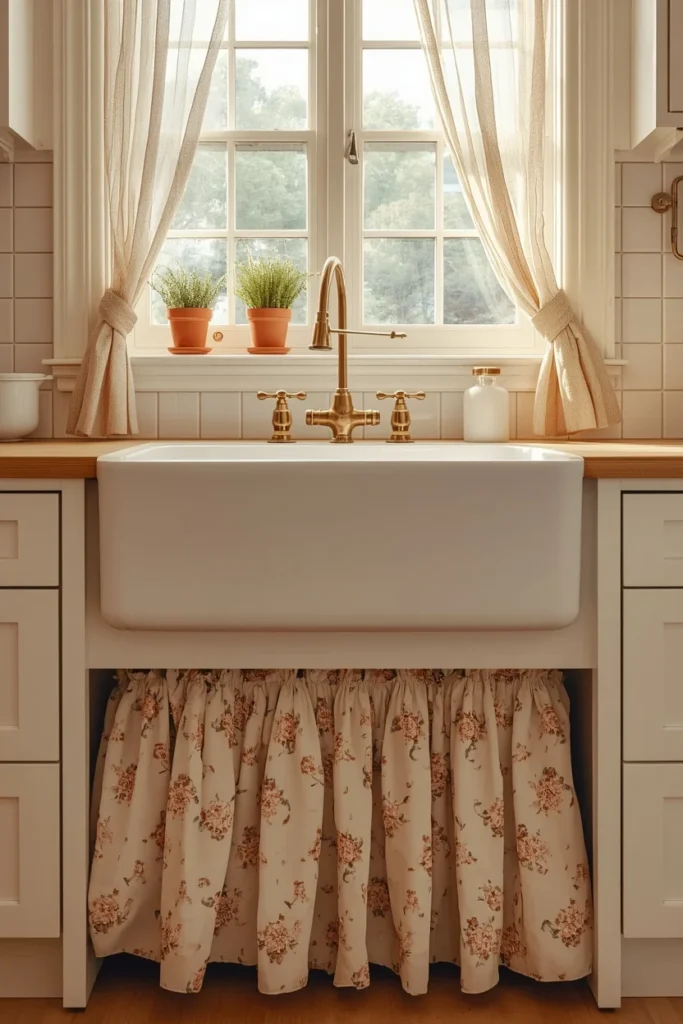 18 Cottagecore Kitchen Ideas That Make Cooking Feel Like a Fairy Tale 11 The Skirted Sink cottagecore kitchen