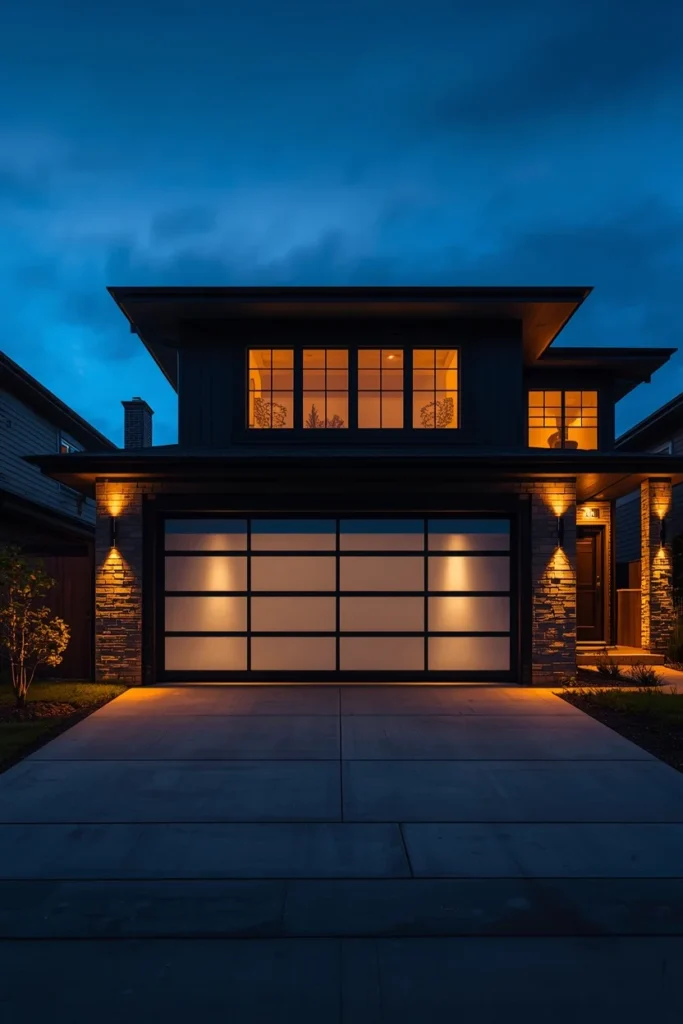 17 Garage Door Designs That Completely Transform Your Home's First Impression 11 modern home exterior at dusk, featuring a frosted glass garage door