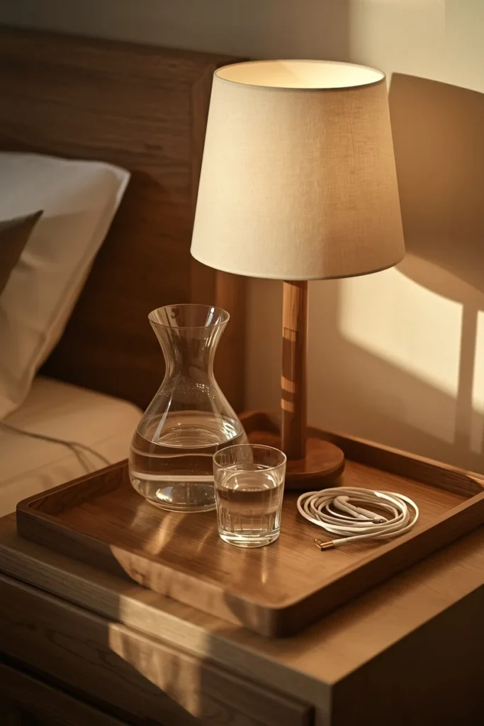 17 Guest Bedroom Ideas That Will Make Every Visitor Never Want to Leave 11 guest bedroom nightstand, featuring a glass carafe of water