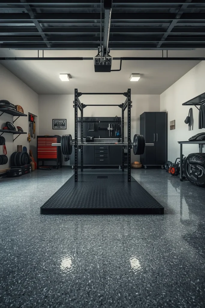 18 Home Gym Ideas That Make Working Out at Home Feel Seriously Motivating 11 garage home gym, featuring a glossy gray epoxy floor
