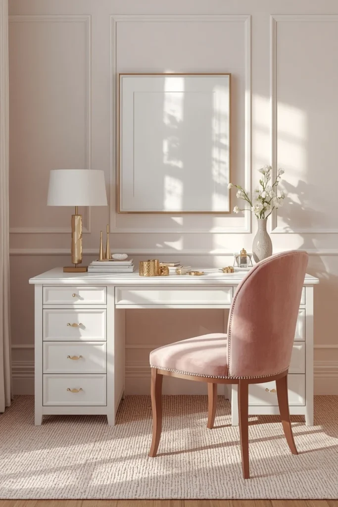 21 Home Office Aesthetic Ideas That Make Working From Home Actually Enjoyable 11 feminine glam home office, featuring a white lacquer desk