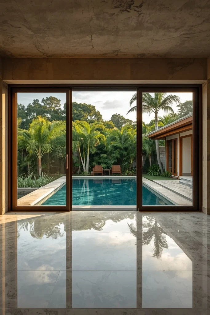 23 Modern Indoor Pool Designs That Are Pure Luxury Right Inside Your Home 11 indoor-outdoor pivot pool room, massive sliding bi-fold glass doors
