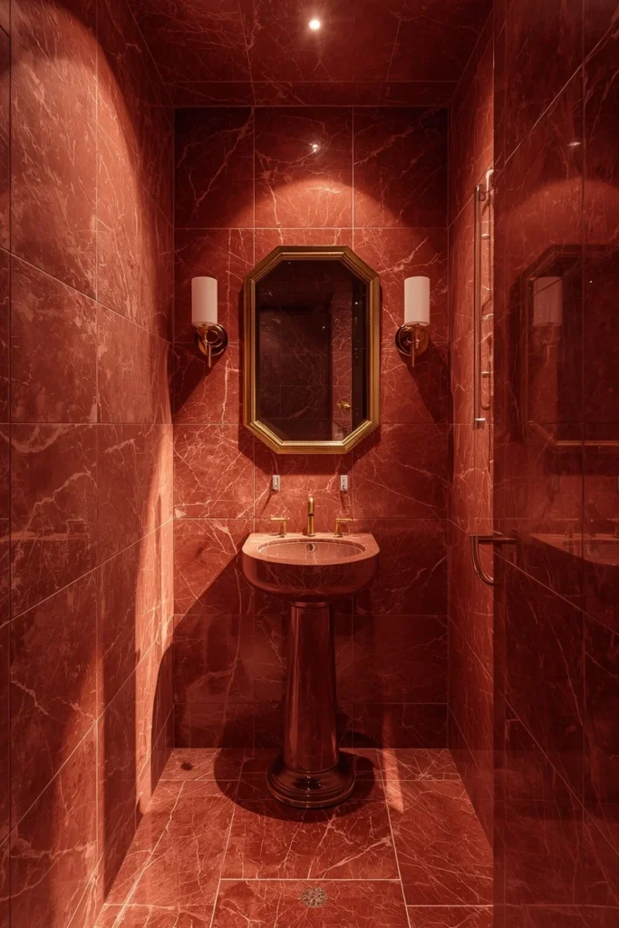17 Red Marble Bathroom Ideas That Scream Luxury From Every Angle 11 small powder room, featuring red marble covering walls, floor,