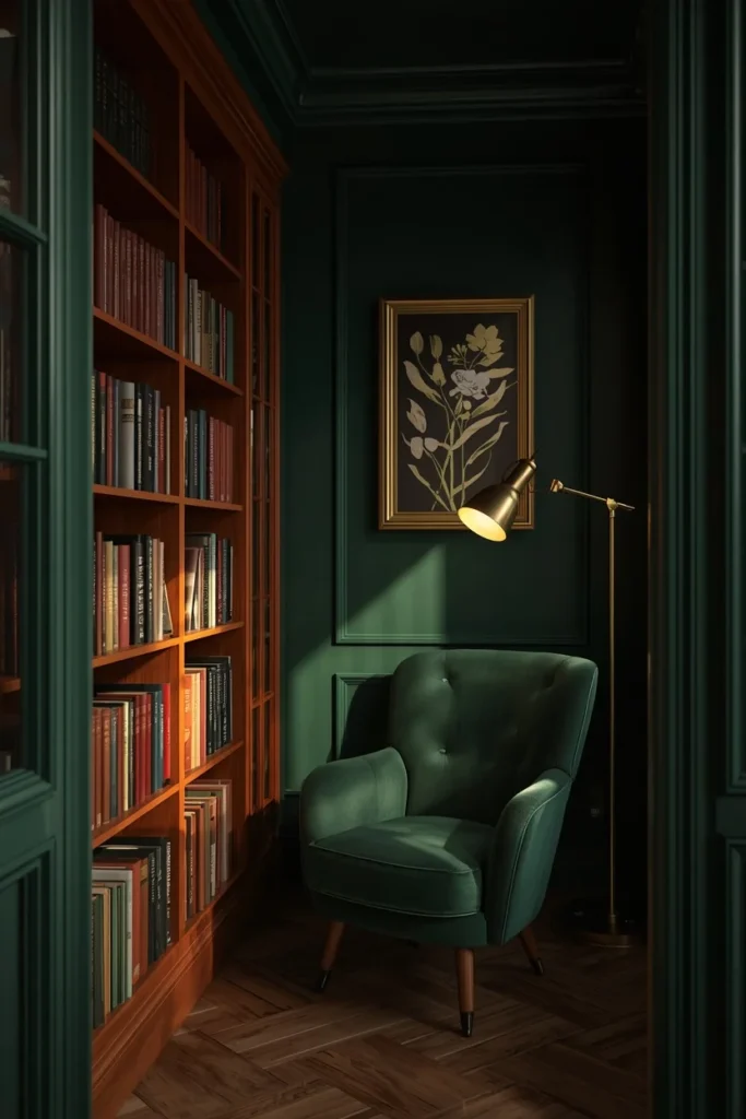 25 She Shed Interior Ideas That Create the Ultimate Personal Retreat 11 dark moody she shed library nook, featuring deep forest green walls