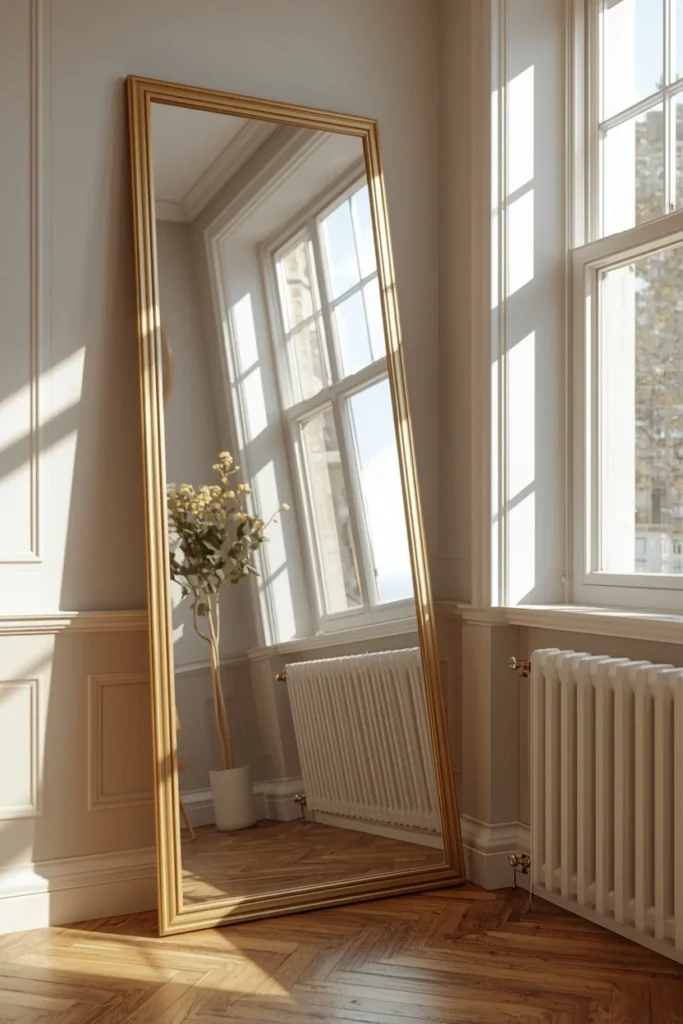 20 Studio Apartment Ideas That Make One Room Feel Like a Whole Beautiful Home 11 studio apartment, featuring a large brass-framed floor mirror