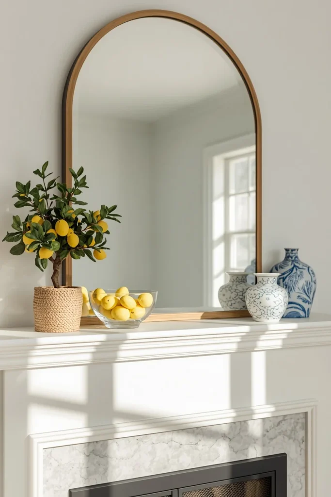 20 Summer Mantel Ideas That Bring Breezy Seasonal Charm Into Your Home 11 fireplace mantel, featuring a small faux lemon tree
