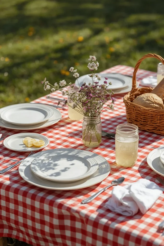 24 Summer Tablescape Ideas That Are Fresh, Colorful & Totally Stunning 11 outdoor picnic table featuring a red and white gingham tablecloth