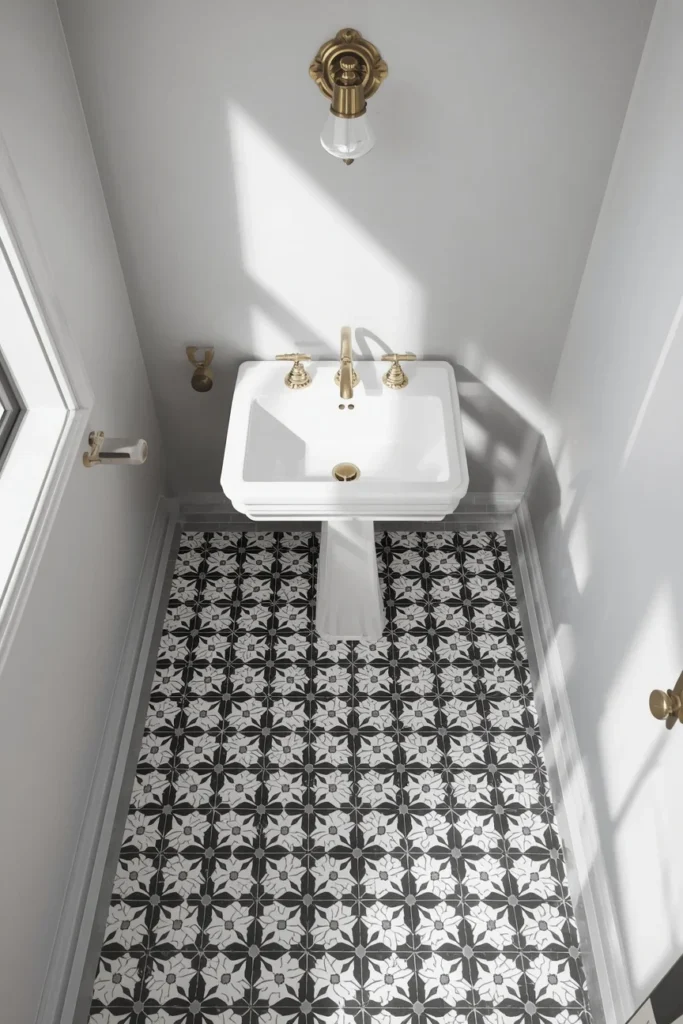 24 Tiny Powder Room Ideas That Make the Biggest Impression 11 small powder room, featuring black and white patterned cement floor tile