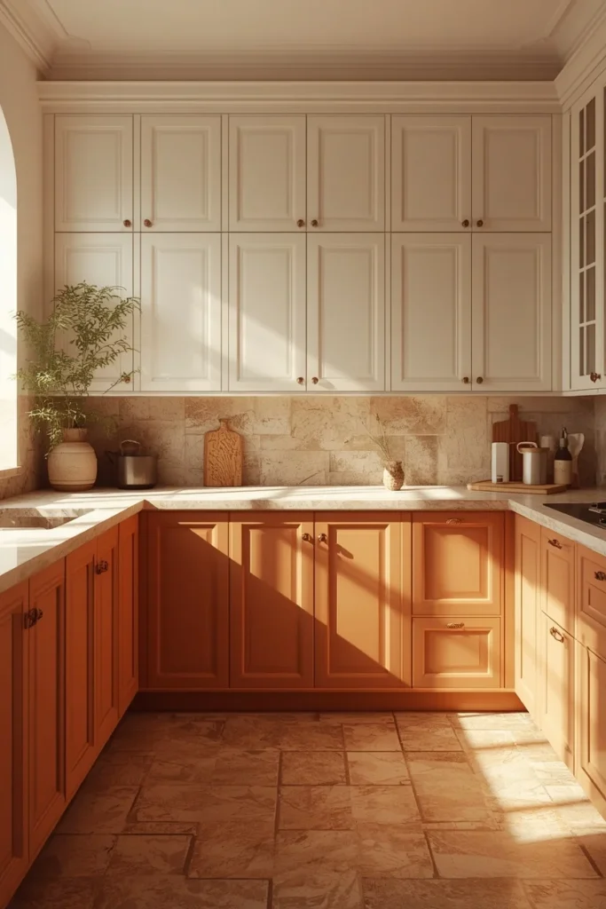 23 Two-Tone Kitchen Cabinet Combos That Look Insanely Expensive 11 Mediterranean-inspired kitchen, featuring warm white upper cabinets and terracotta lower cabinets