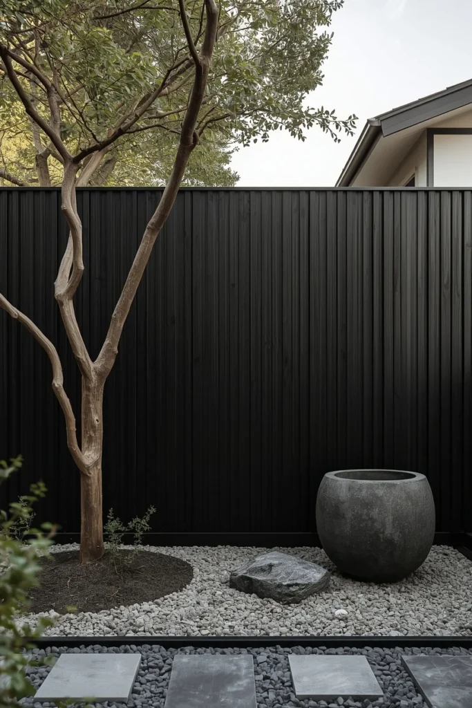 17 Wood Privacy Fence Ideas That Are Beautiful, Functional & Totally Chic 11 Japandi-style backyard exterior, featuring a charred Shou Sugi Ban wood privacy fence