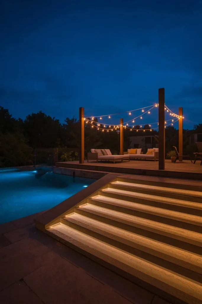 16 Above Ground Pool Ideas That Look Just as Gorgeous as In-Ground Ones 12 Above ground pool deck at dusk
