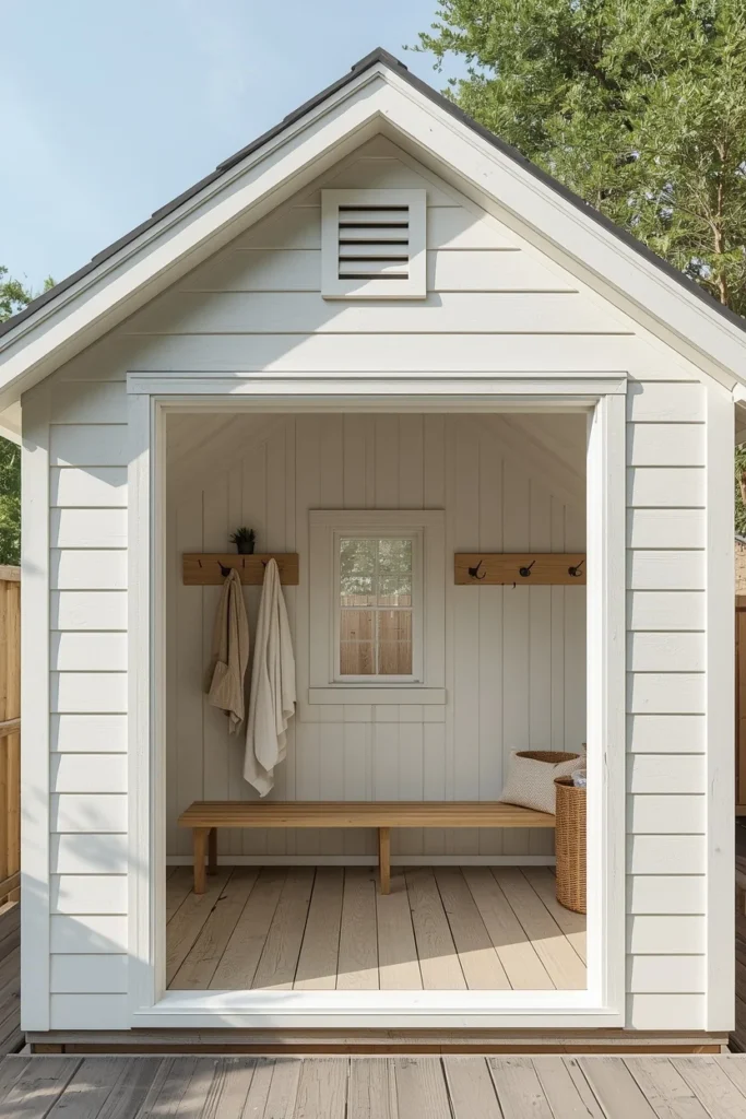 17 Backyard Pool House Ideas That Are Stylish, Functional & Totally Dreamy 12 converted shed pool house, featuring white painted wood siding