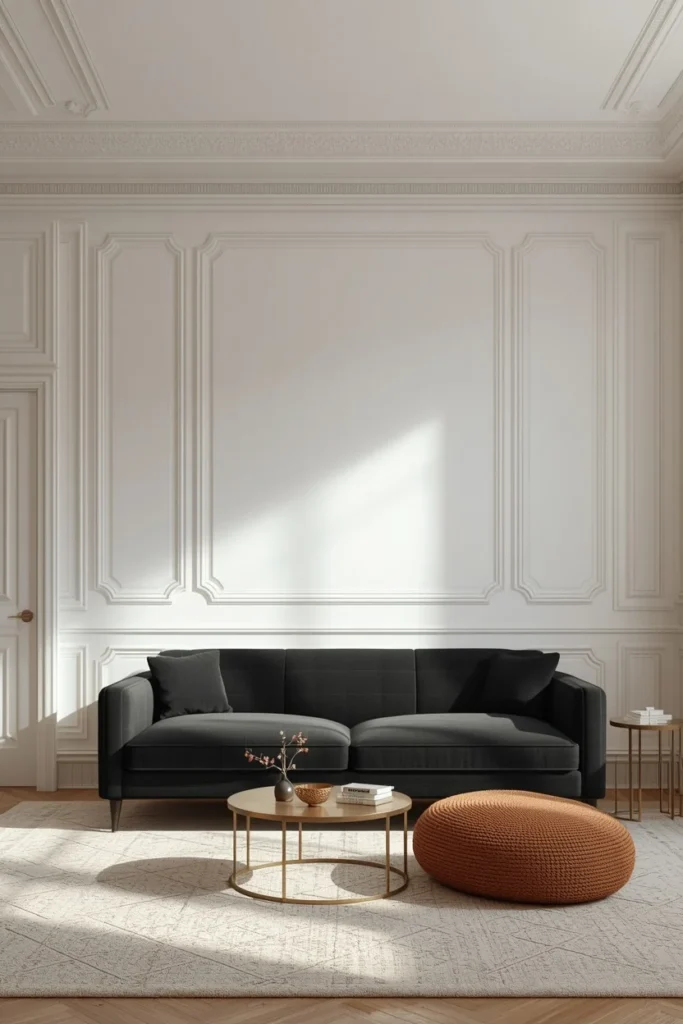 23 Black Sofa Living Room Ideas That Look Sleek, Bold & Super Expensive 12 living room, featuring a black sofa in a room with detailed white crown molding,