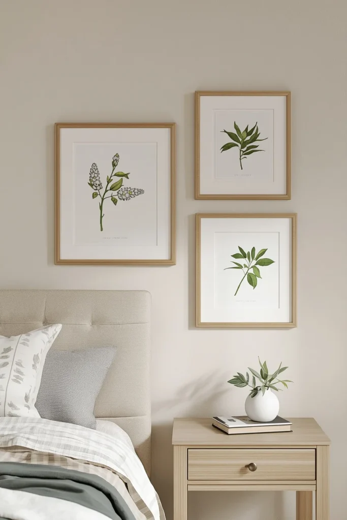 25 Boho Farmhouse Bedroom Ideas That Are Effortlessly Cozy & Beautiful 12 bedroom wall detail shot, featuring three framed vintage botanical prints
