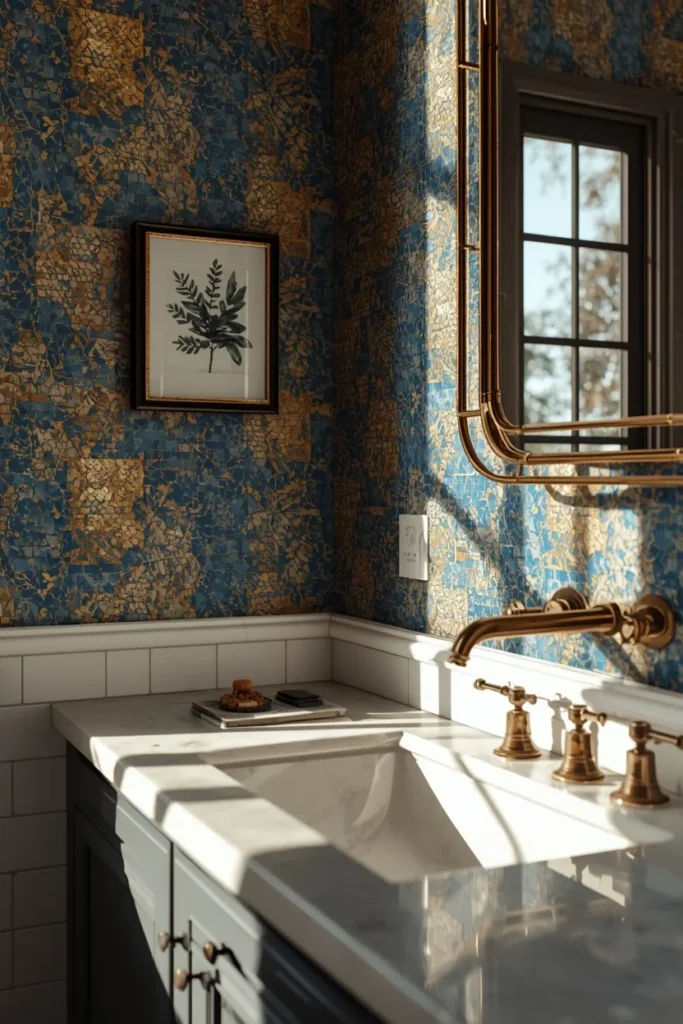 22 Bold Bathroom Wallpaper Ideas That Make Every Guest Say Wow 12 bathroom, featuring mosaic-print wallpaper in rich blue and gold tones,