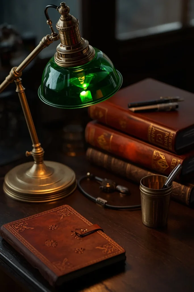 17 Cozy Study Space Ideas That Make Focusing Feel Effortless & Enjoyable 12 study desk, featuring a vintage brass banker's lamp