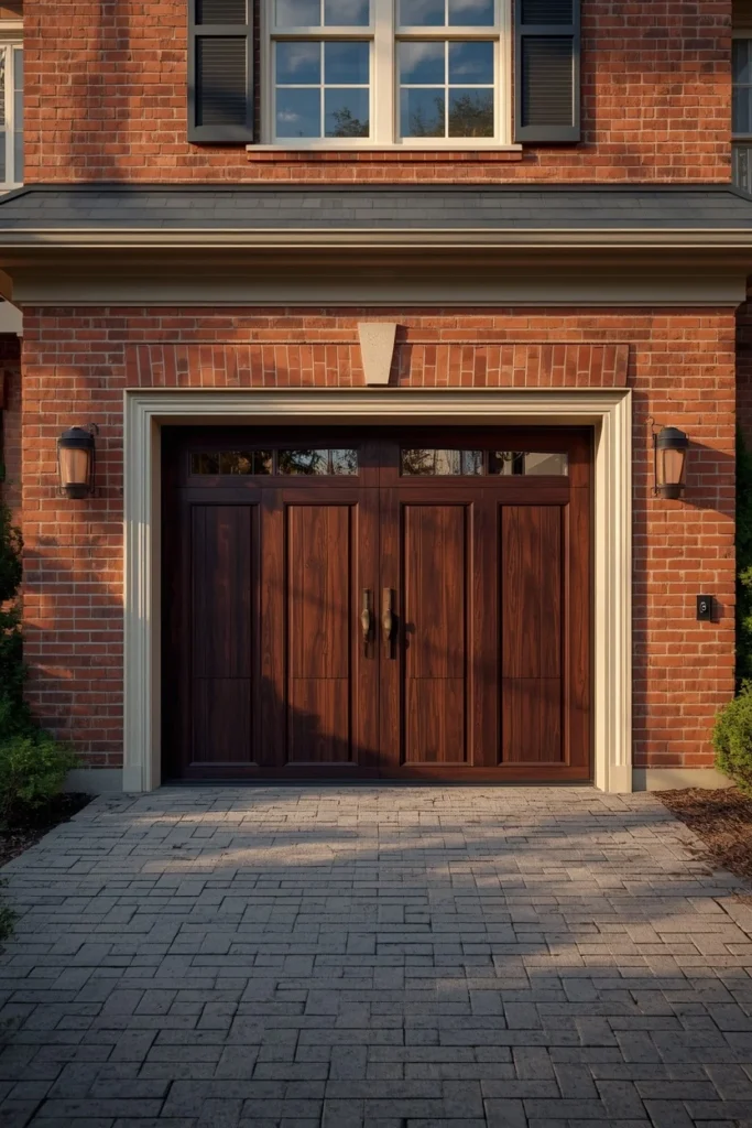 17 Garage Door Designs That Completely Transform Your Home's First Impression 12 brick colonial home exterior, featuring an espresso woodgrain steel garage door