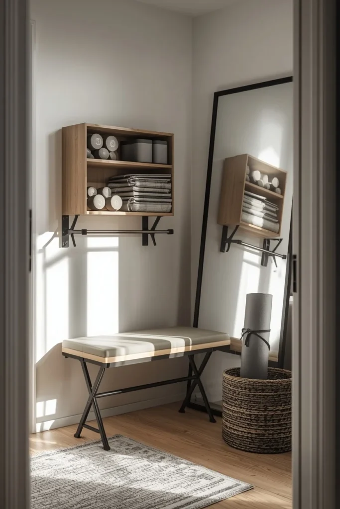 18 Home Gym Ideas That Make Working Out at Home Feel Seriously Motivating 12 mall apartment home gym, featuring a wall-mounted fold-down bench