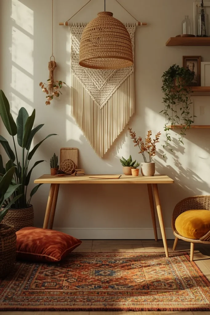 21 Home Office Aesthetic Ideas That Make Working From Home Actually Enjoyable 12 bohemian home office, featuring a rattan desk