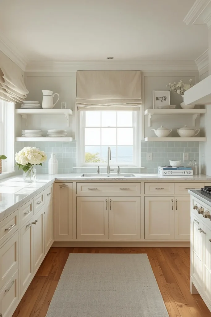 19 Kitchen Aesthetic Ideas So Good You'll Want to Renovate Tomorrow 12 coastal grandmother kitchen aesthetic, warm cream painted shaker cabinetry