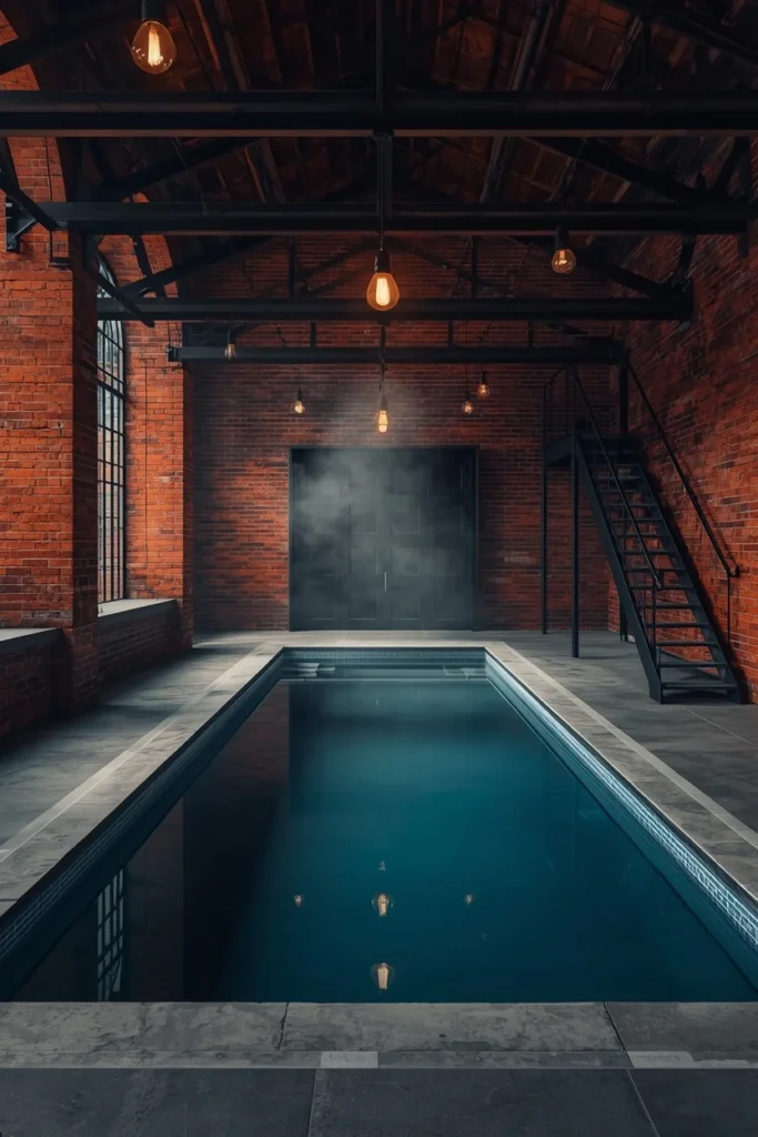 23 Modern Indoor Pool Designs That Are Pure Luxury Right Inside Your Home 12 industrial style indoor pool room, exposed red brick walls