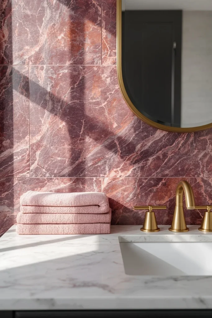 17 Red Marble Bathroom Ideas That Scream Luxury From Every Angle 12 bathroom backsplash detail, featuring Afyon Violet marble