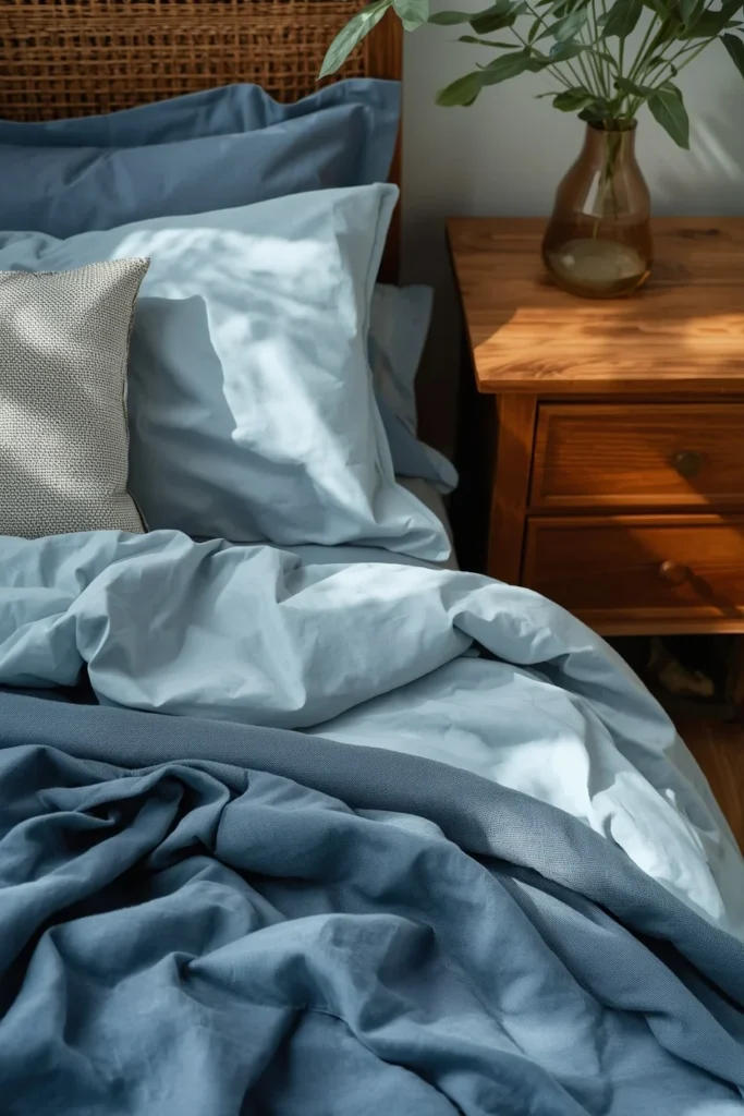 21 Summer Bedding Ideas That Make Your Bed Look Fresh & Resort-Ready 12 Dusty Blue Tonal Layering summer bedding
