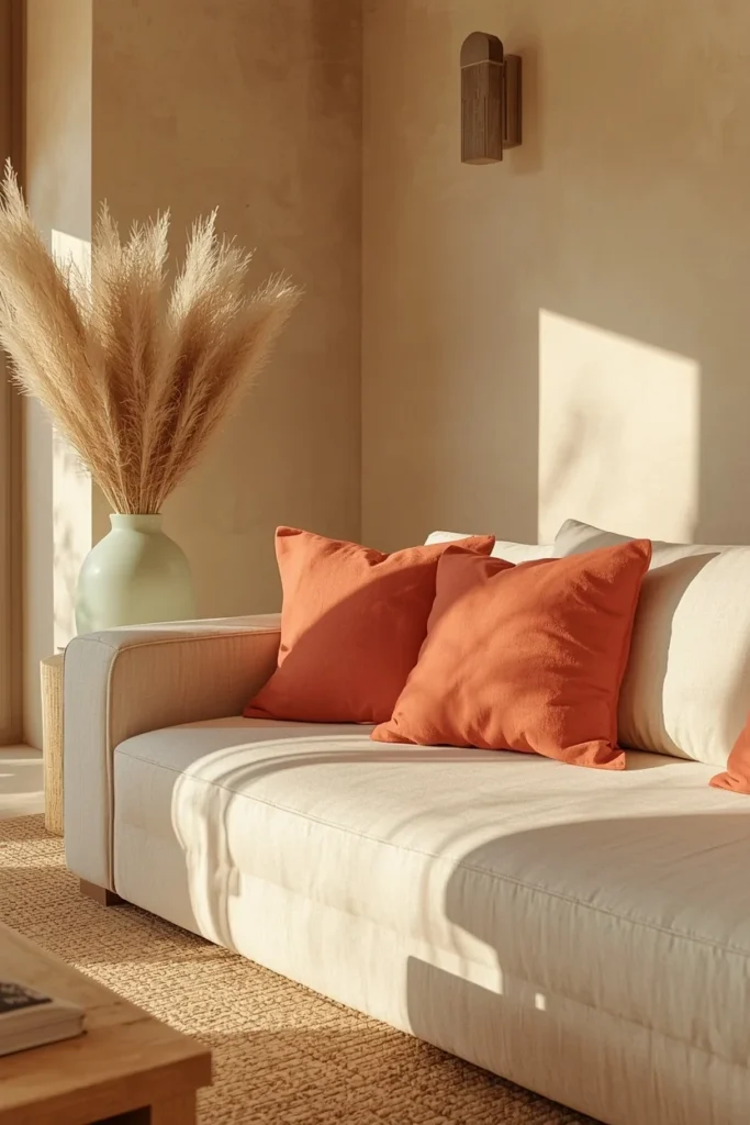 20 Summer House Interior Ideas That Are Bright, Breezy & Beautifully Relaxed 12 summer house living room, featuring warm coral and terracotta accent pillows