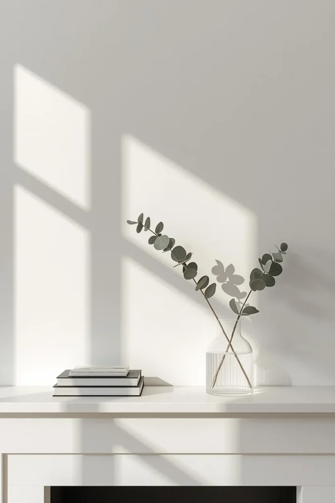 20 Summer Mantel Ideas That Bring Breezy Seasonal Charm Into Your Home 12 fireplace mantel, featuring a single simple eucalyptus stem in a clean glass vase,
