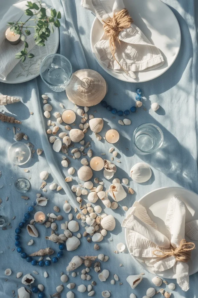 24 Summer Tablescape Ideas That Are Fresh, Colorful & Totally Stunning 12 coastal summer table featuring scattered seashells