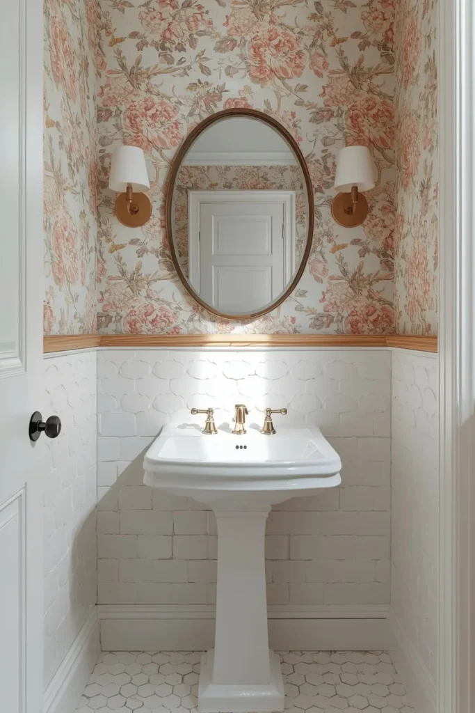 24 Tiny Powder Room Ideas That Make the Biggest Impression 12 small powder room, featuring white scalloped fish-scale tile
