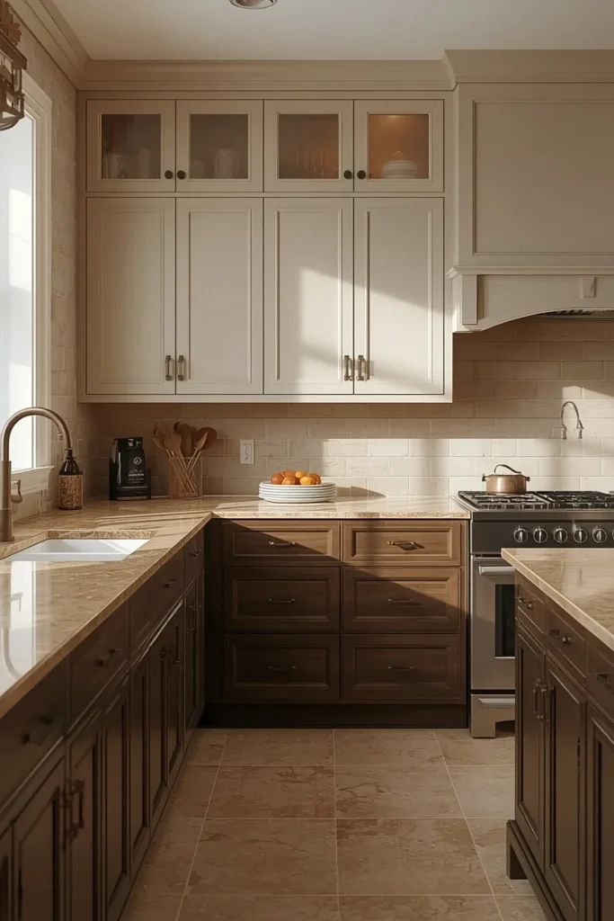 23 Two-Tone Kitchen Cabinet Combos That Look Insanely Expensive 12 traditional kitchen, featuring greige upper cabinets and deep espresso lower cabinets,