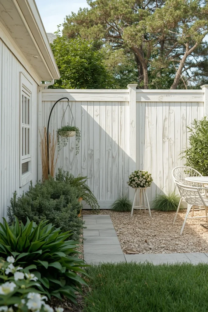 17 Wood Privacy Fence Ideas That Are Beautiful, Functional & Totally Chic 12 coastal cottage backyard exterior, featuring a whitewashed wood privacy fence