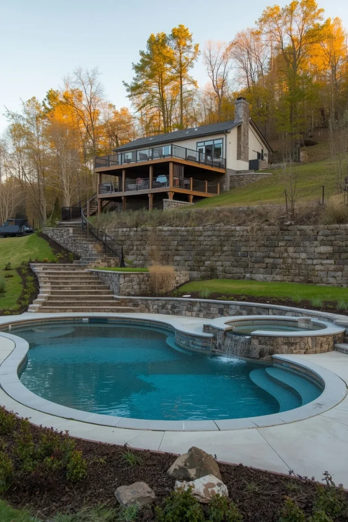 16 Above Ground Pool Ideas That Look Just as Gorgeous as In-Ground Ones 13 emi-inground pool built into a sloped backyard hillside