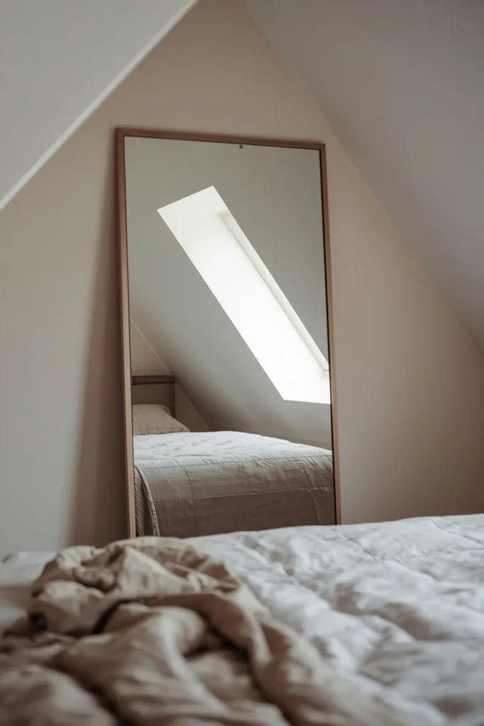 19 Attic Bedroom Ideas That Turn Forgotten Space Into a Dreamy Hideaway 13 attic bedroom shot, featuring a large simple-framed mirror