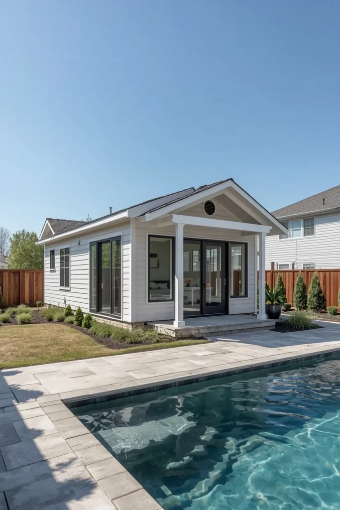 17 Backyard Pool House Ideas That Are Stylish, Functional & Totally Dreamy 13 prefab pool house structure, featuring clean modern siding