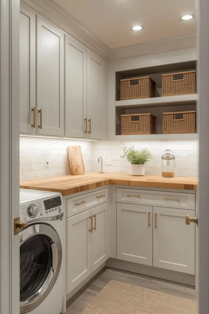 24 Basement Ideas That Transform the Most Overlooked Space Into Your Favorite Room 16 basement laundry zone, featuring white cabinetry with brass hardware,