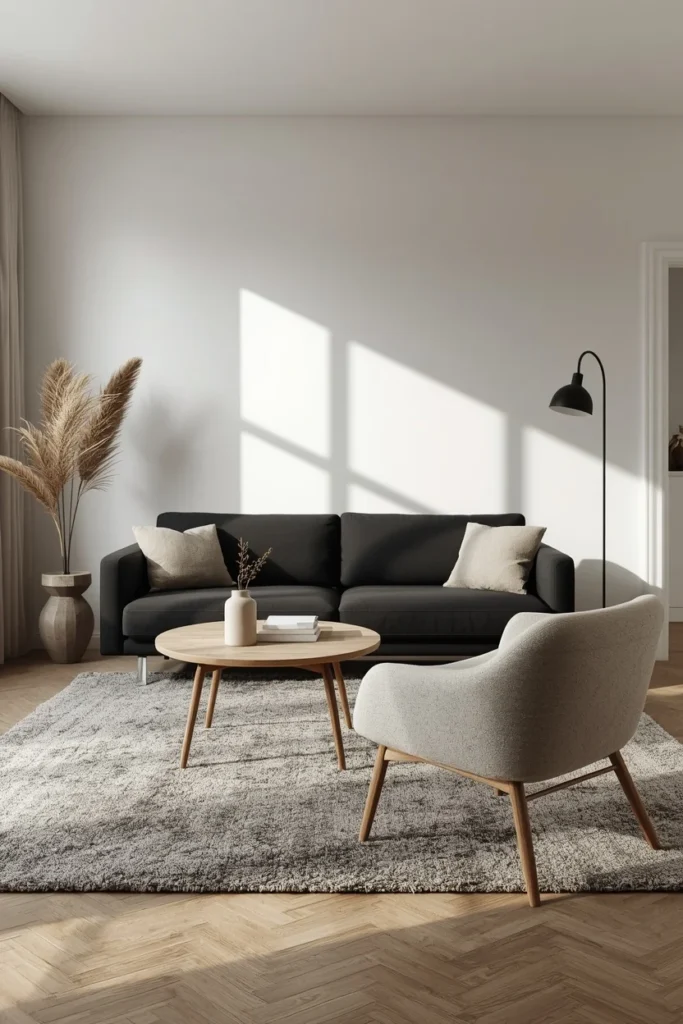 23 Black Sofa Living Room Ideas That Look Sleek, Bold & Super Expensive 13 living room, featuring a black sofa with a light oak coffee table