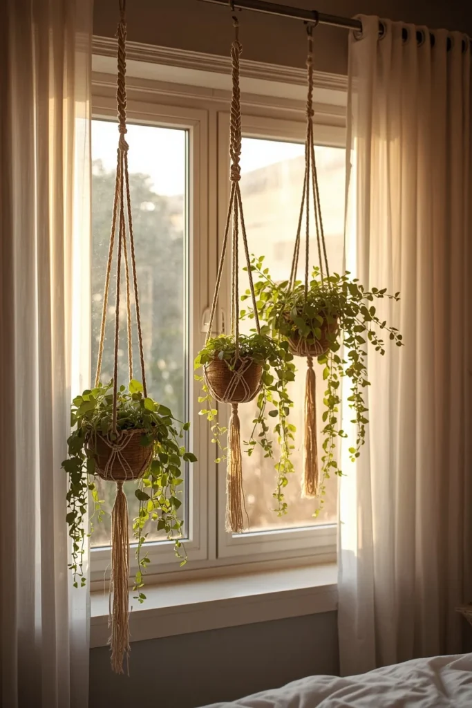 25 Boho Farmhouse Bedroom Ideas That Are Effortlessly Cozy & Beautiful 13 bedroom window shot, featuring two or three trailing plants