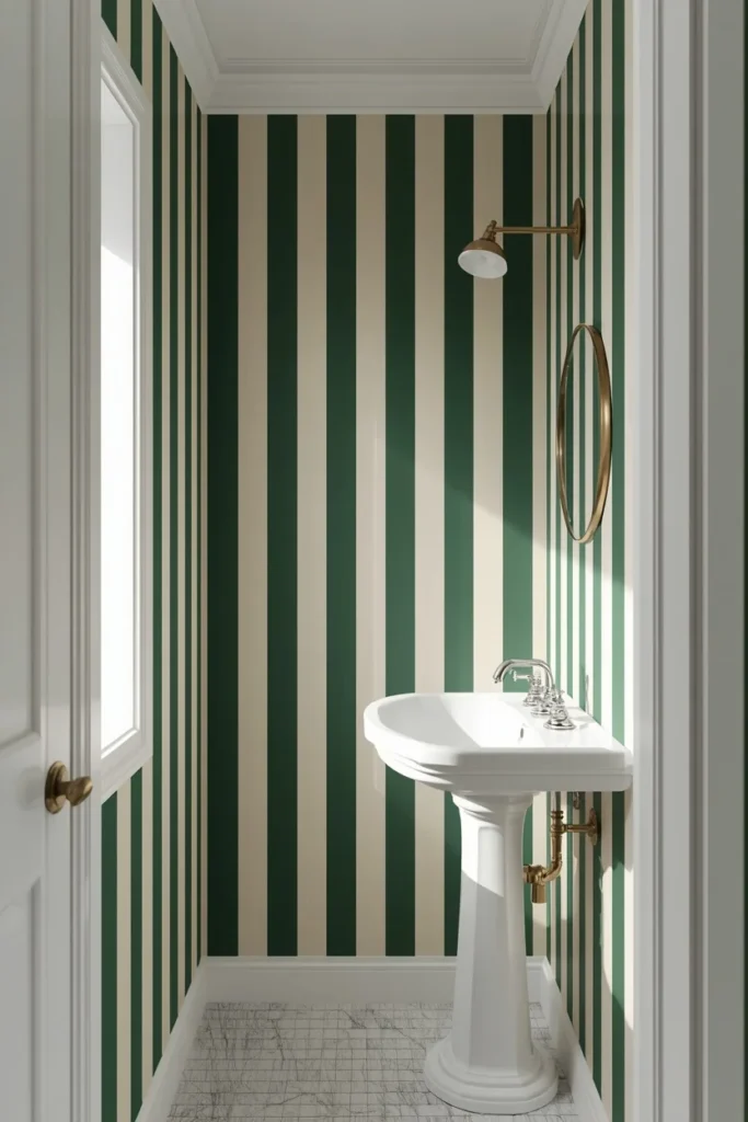 22 Bold Bathroom Wallpaper Ideas That Make Every Guest Say Wow 13 small bathroom, featuring bold forest green and cream vertical stripe wallpaper