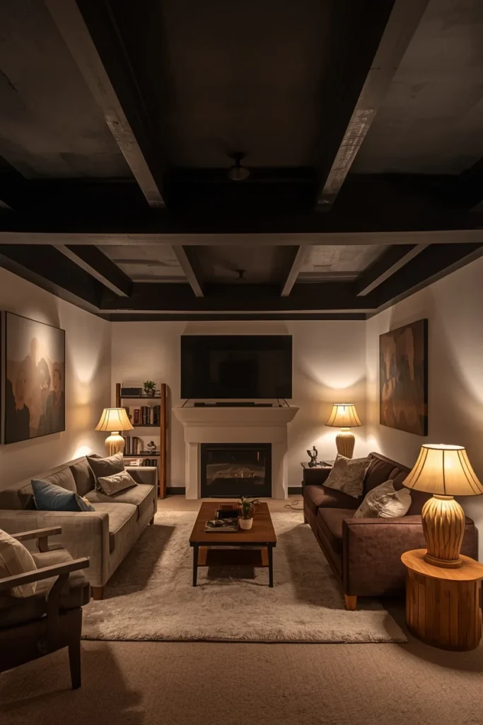 18 Cozy Basement Ideas That Transform Dead Space Into a Family Favorite Room 13 Black or Dark Ceiling Treatment