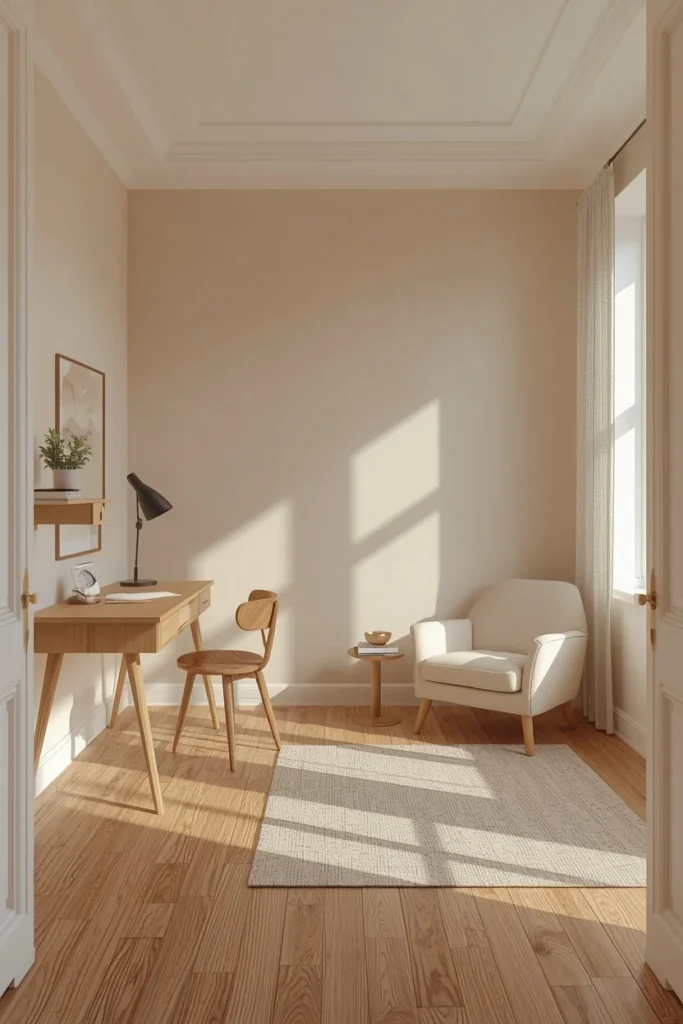 17 Cozy Study Space Ideas That Make Focusing Feel Effortless & Enjoyable 13 Image Prompt: Pinterest-style hyper realistic and a small armchair reading zone on the other side, each area defined by a separate rug, warm neutral color palette throughout, camera angle wide shot capturing both zones, soft natural daylight, balanced and flexible mood, premium interior photography, natural shadows, realistic styling, ultra detailed, vertical composition, Pinterest aesthetic, photorealistic