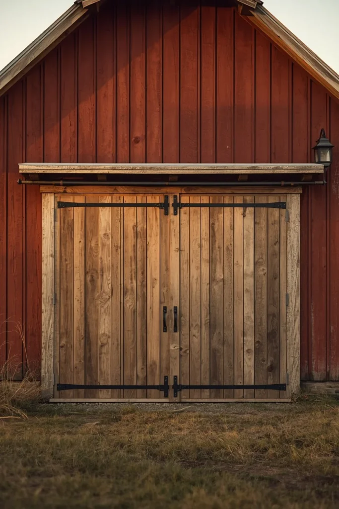 17 Garage Door Designs That Completely Transform Your Home's First Impression 13 rustic farmhouse exterior with a red barn in the background, featuring a board-and-batten garage door
