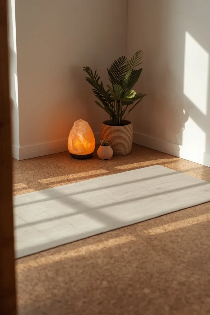 18 Home Gym Ideas That Make Working Out at Home Feel Seriously Motivating 13 yoga corner within a home gym, featuring natural cork flooring,