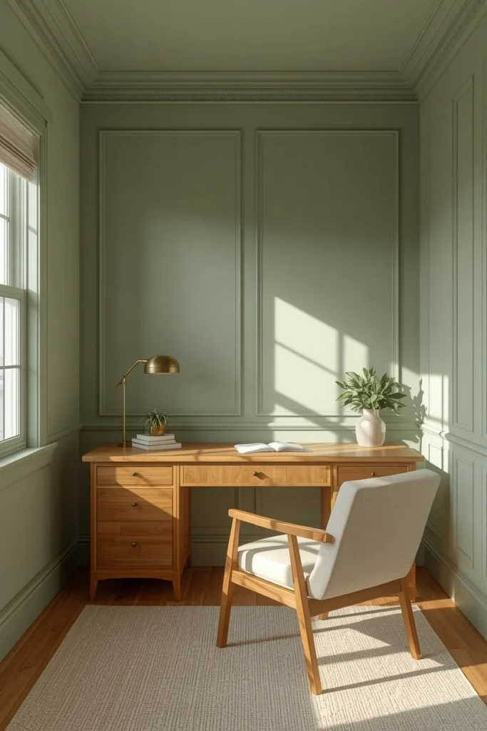 21 Home Office Aesthetic Ideas That Make Working From Home Actually Enjoyable 13 color-drenched home office, featuring sage green walls
