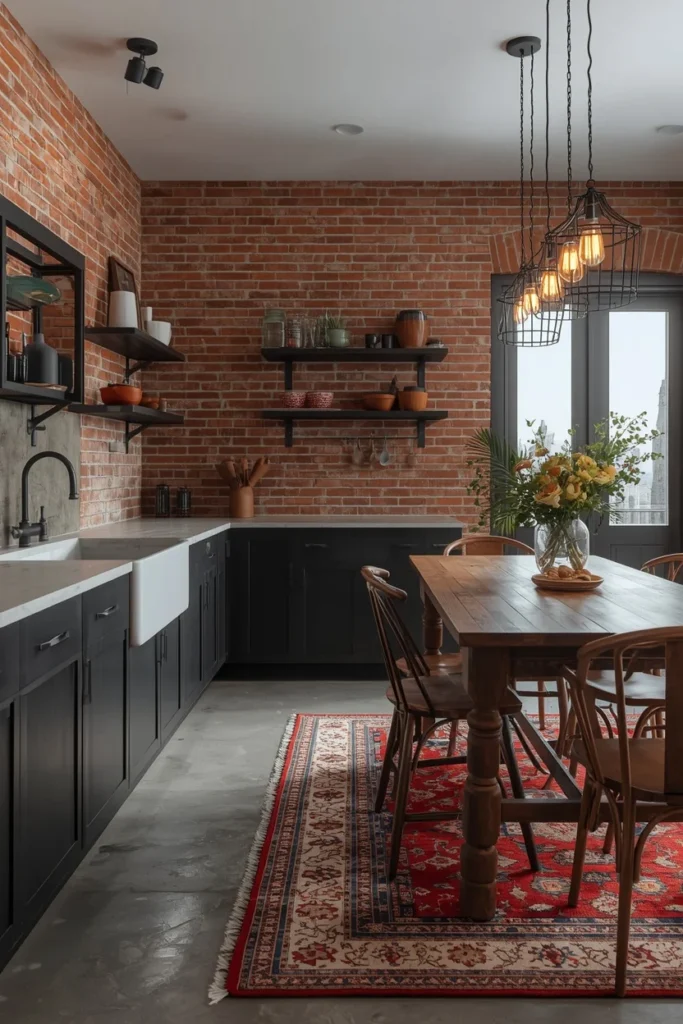 19 Kitchen Aesthetic Ideas So Good You'll Want to Renovate Tomorrow 13 industrial farmhouse kitchen aesthetic, exposed warm red brick backsplash wall