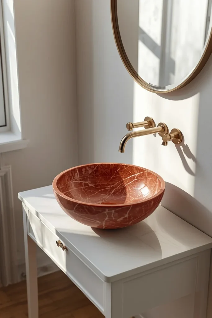 17 Red Marble Bathroom Ideas That Scream Luxury From Every Angle 13 bathroom vanity, featuring a carved red marble vessel sink
